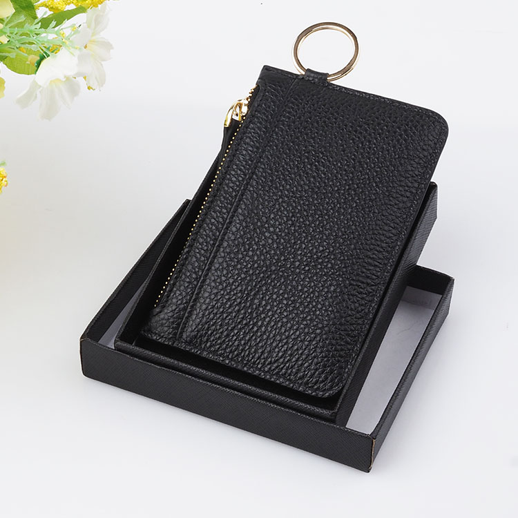 Custom Fashion Leather ID Card Holder Zipper Wallet with Keyring