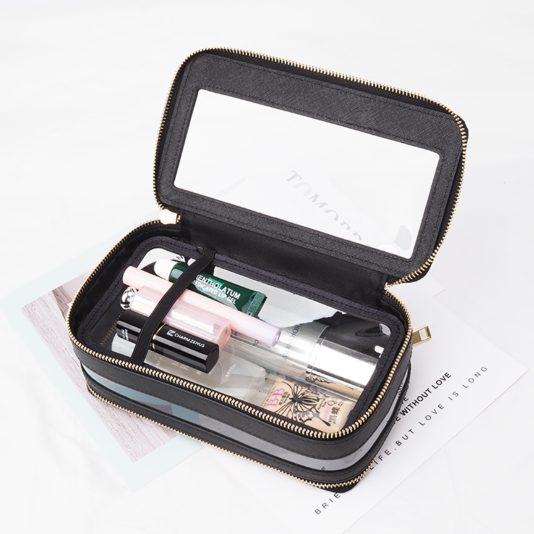 Hot selling genuine cow saffiano leather clear cosmetic bag pvc make up bag cosmetic