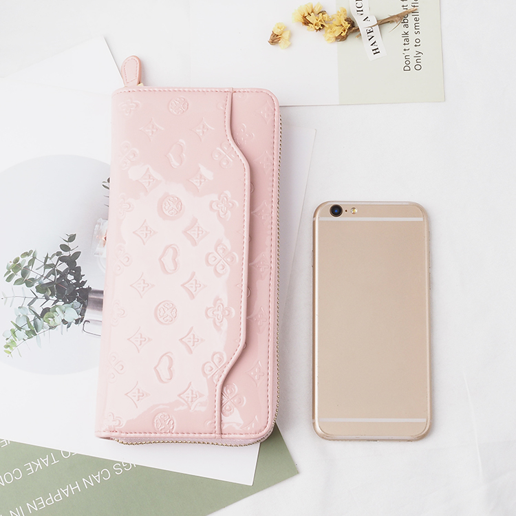 Women pebble Leather pink Wallet Clutch Long Wallets with Phone Case