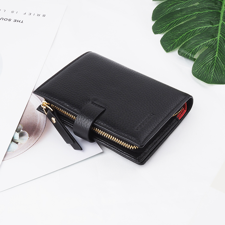 Black popper grain Leather Women Short Wallets