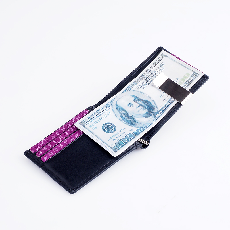 Smooth black leather men RFID wallet slim front pocket money clip wallet