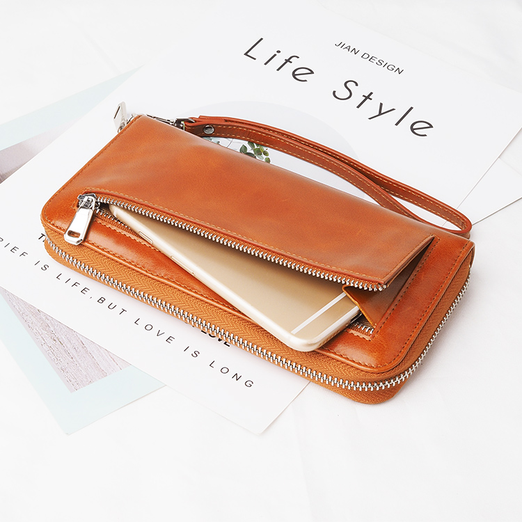 hot selling design wholesale oil wax  leather travel women long zipper wallet