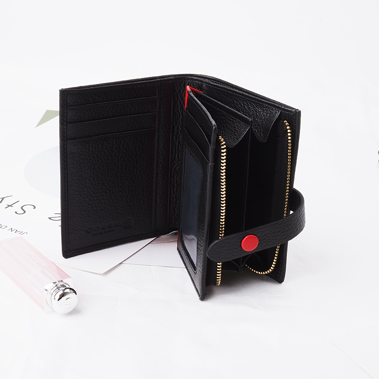 Black popper grain Leather Women Short Wallets