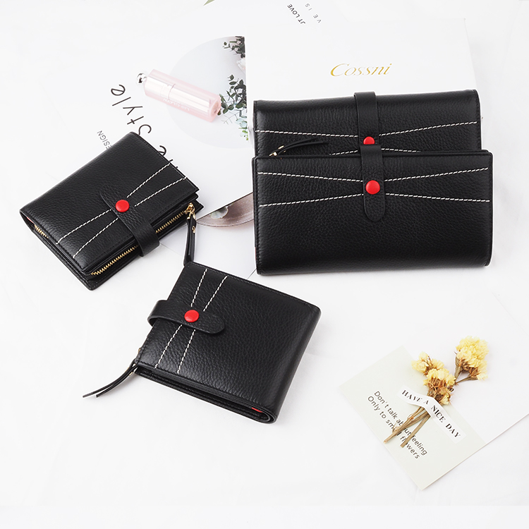 Black popper grain Leather Women Short Wallets