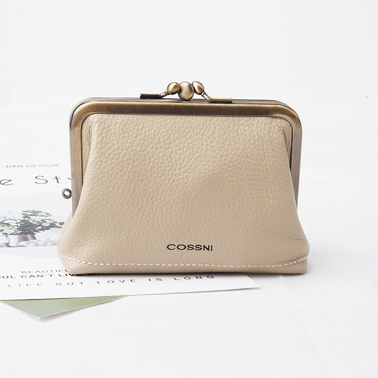 Cossni top grain coin wallet leather metal frame kiss lock clutch