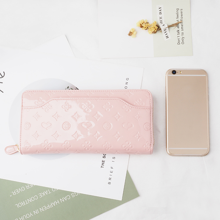 Women pebble Leather pink Wallet Clutch Long Wallets with Phone Case
