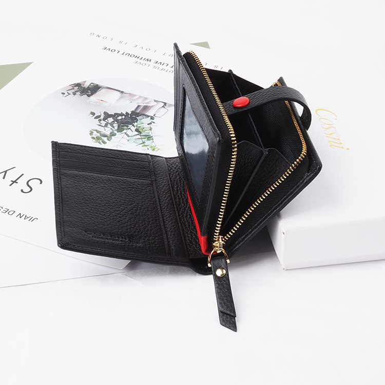 Black popper grain Leather Women Short Wallets