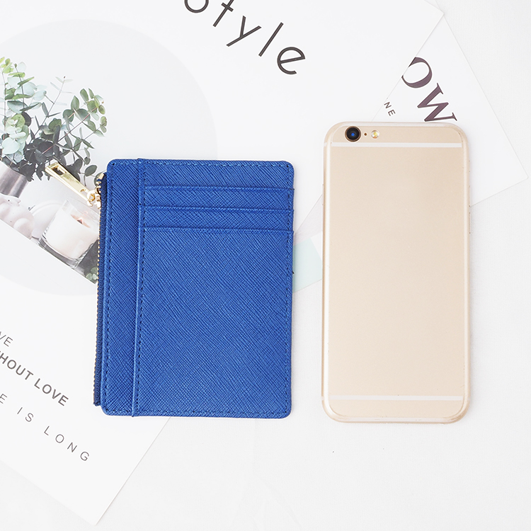 Blue grain saffiano leather slim rfid coin credit card holder wallet