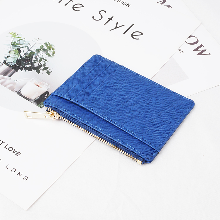 Blue grain saffiano leather slim rfid coin credit card holder wallet