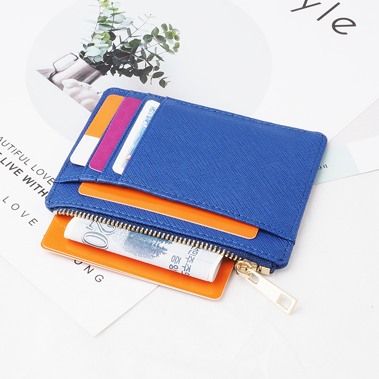 Blue grain saffiano leather slim rfid coin credit card holder wallet