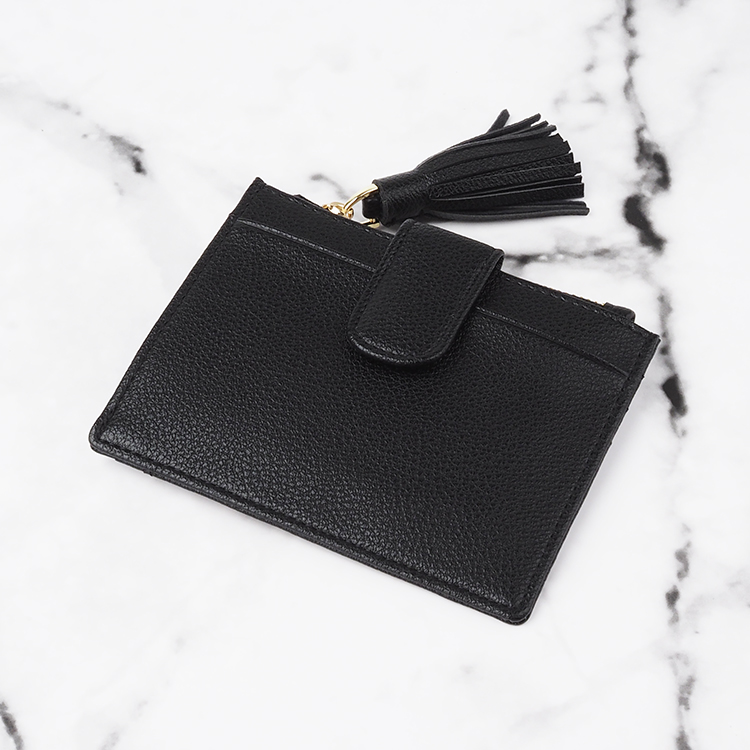 black zipper  pebble Leather  Card  Holder eith tassel