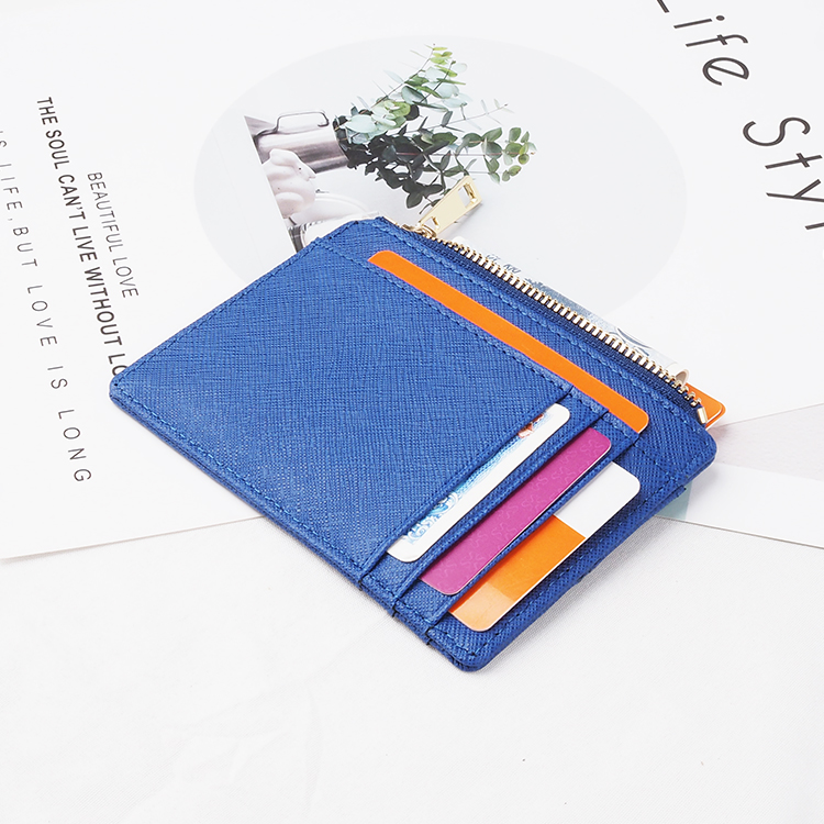 Blue grain saffiano leather slim rfid coin credit card holder wallet