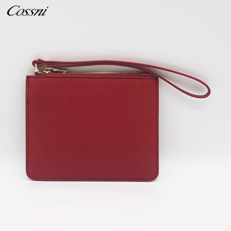 Fashion Design Customized Genuine Saffiano Leather Lady Envelope Bag Zip Clutch Bags for woman