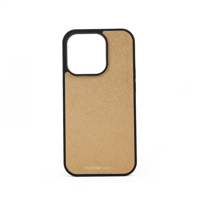 iPhone 13 14 pro Gold Saffiano Leather Case