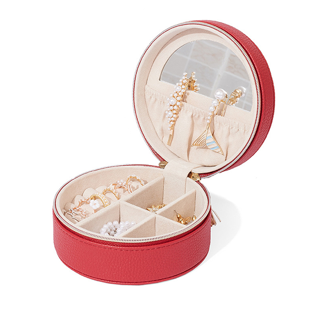 Red women travel jewelry organiser case storage with mirror jewelry box
