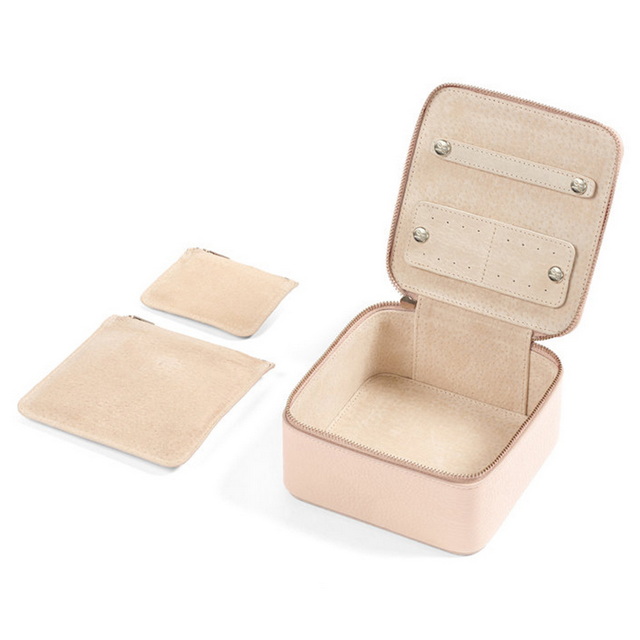 Nude leather jewelry storage case small zipper travel jewelry boxes