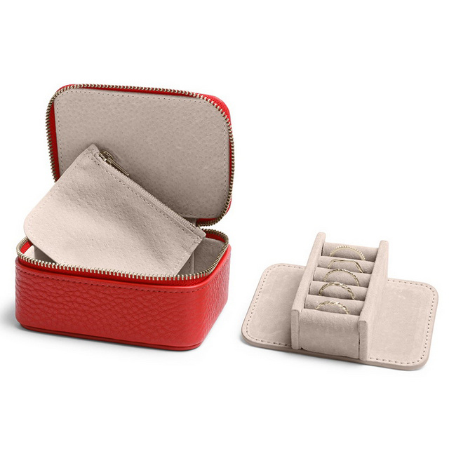 Luxury red zipper travel jewelry organizer case mini leather jewelry boxes
