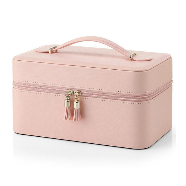Fashion Large Capacity ladies Pink leather Makeup case zipper travel Cosmetic Bag with mirror