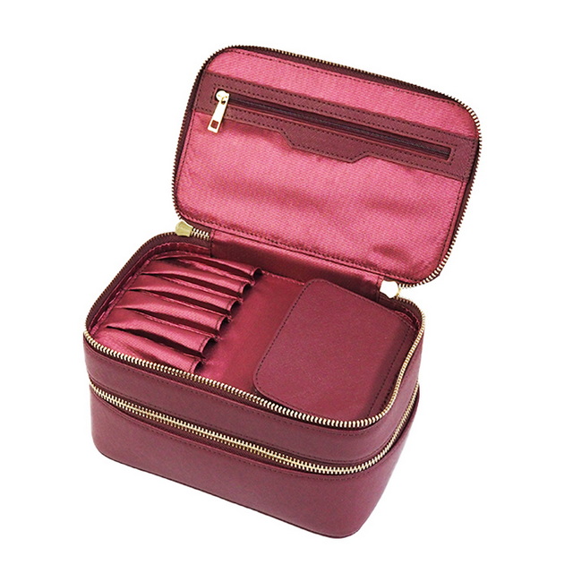 Double decker small tidy genuine leather zipper Vanity Case