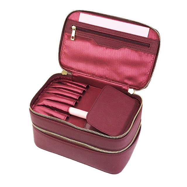 Double decker small tidy genuine leather zipper Vanity Case